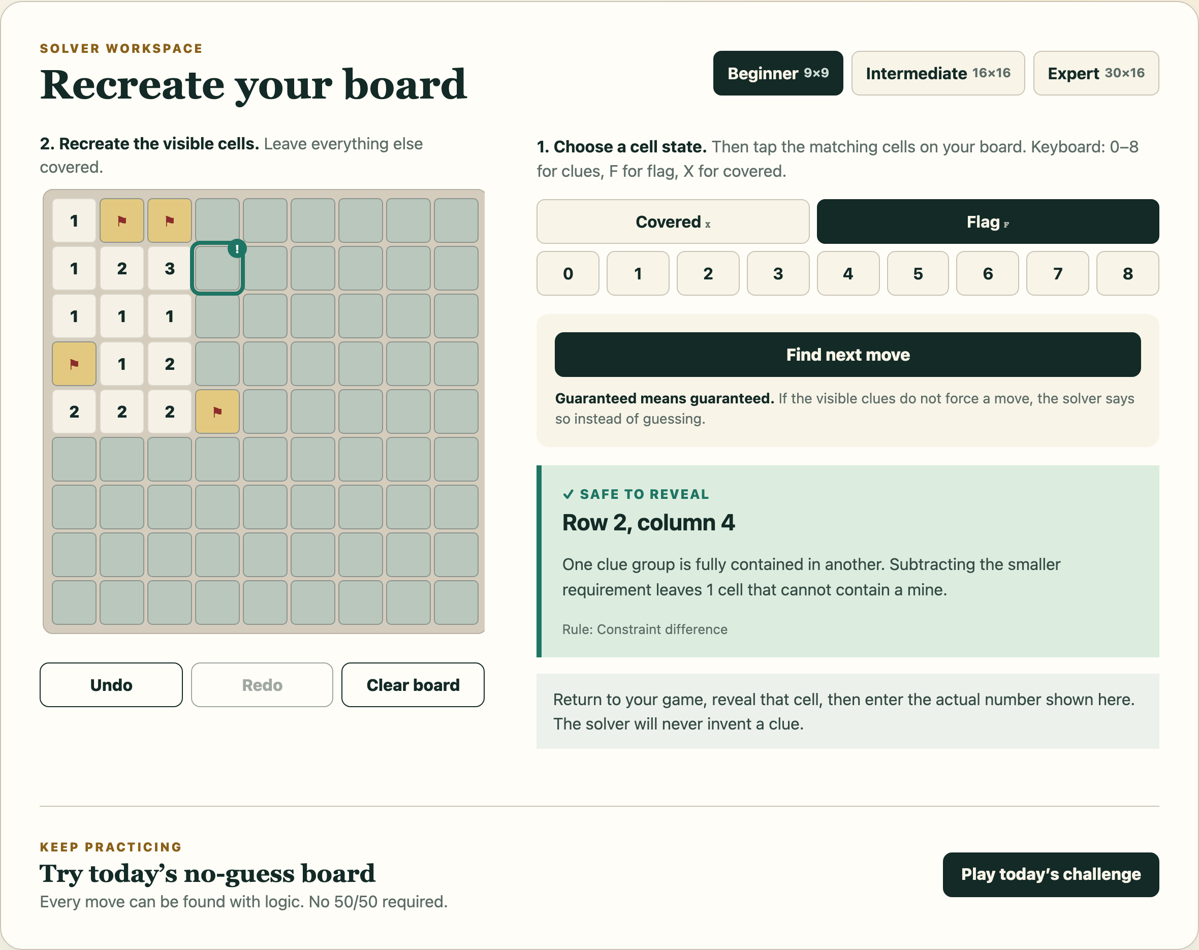 Minesweeper Coach recreating a real community board and proving row 2, column 4 safe by constraint difference.